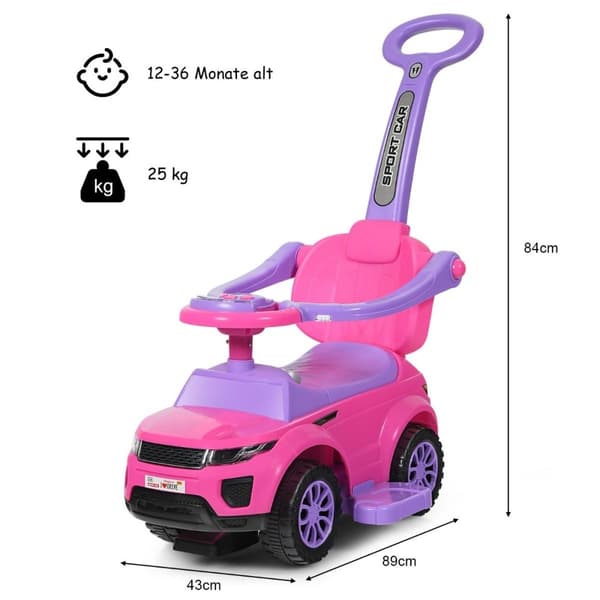 3-i-1 barnebil skyvebil med hornmusikklys 89 x 43 x 84 cm rosa
