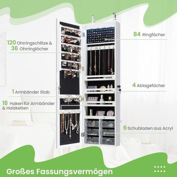 Smykkeskap hengende oppbevaringsskap med LED-belysning 36,5 x 11,5 x 120 cm hvit