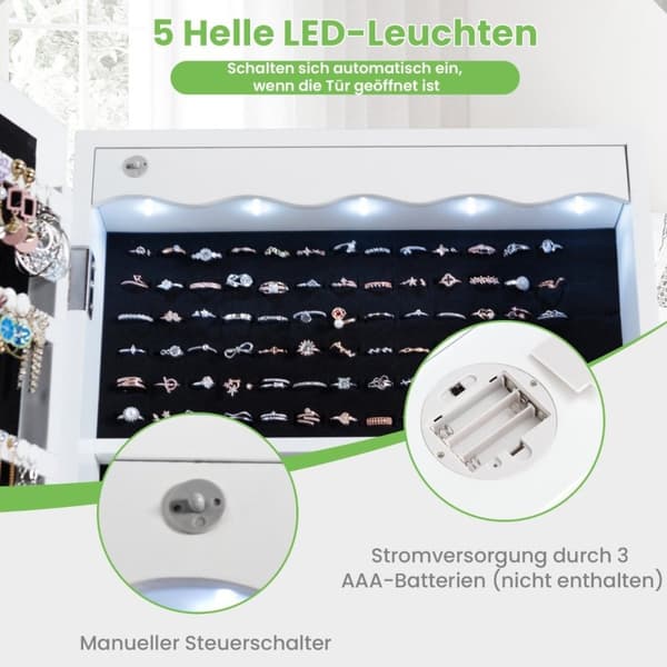 Smykkeskap hengende oppbevaringsskap med LED-belysning 36,5 x 11,5 x 120 cm hvit