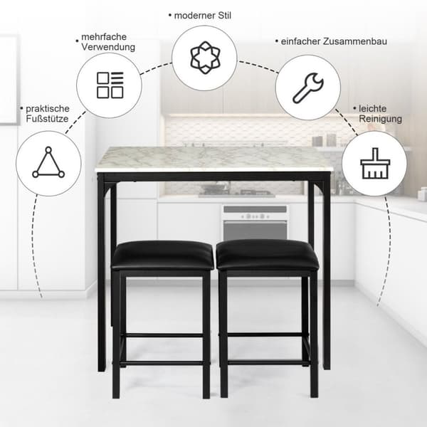 3-delt spisebordsett, barbordsett med 2 polstrede barkrakker, metallramme, hvit