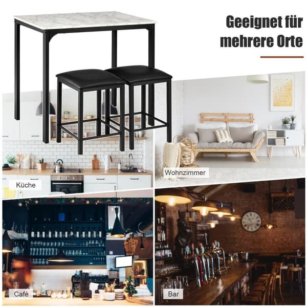 3-delt spisebordsett, barbordsett med 2 polstrede barkrakker, metallramme, hvit