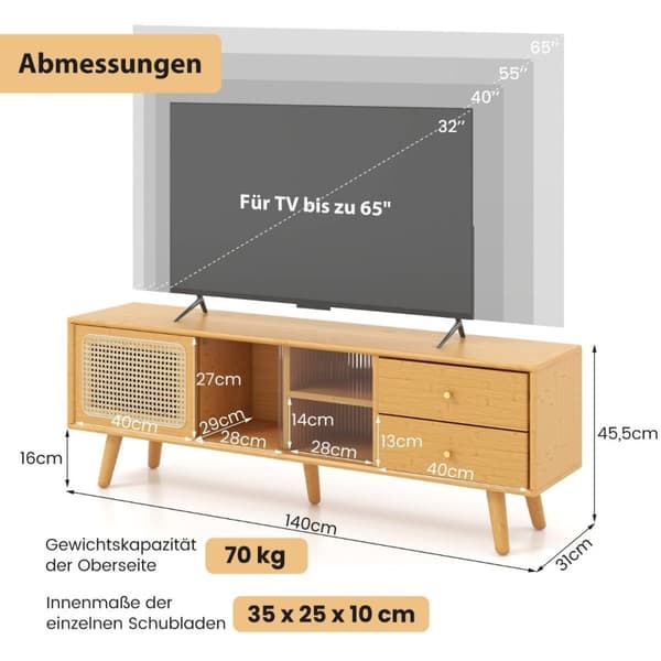 Bambus tv-stander til tv op til 65" tv-konsol i moderne stil fra midten af ​​århundredet 140 x 31 x 45,5 cm naturlig