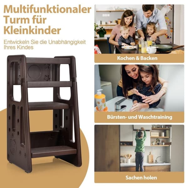 Lasten keittiöjakkara, jossa kaksinkertaiset turvakaiteet Taaperon jakkara 46,5 x 46,5 x 90 cm ruskea