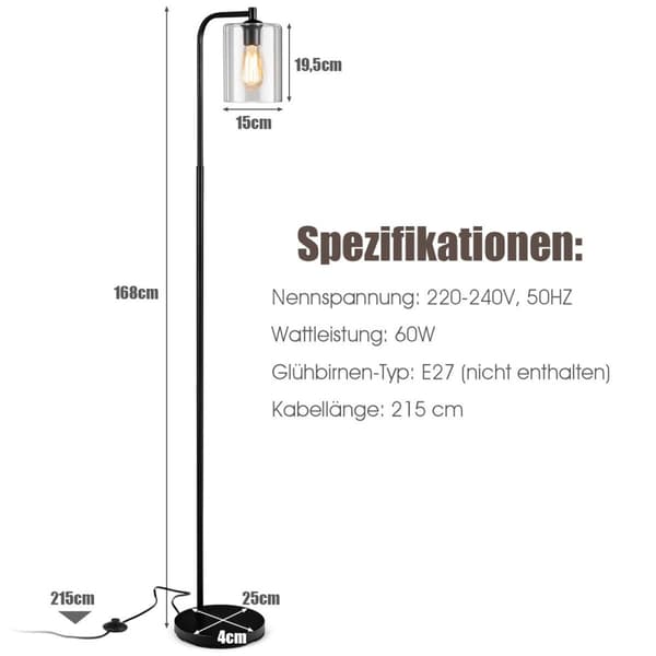 168 cm moderne gulvlampe med fotbryter og E27 pæresokkel og svart glass lampeskjerm