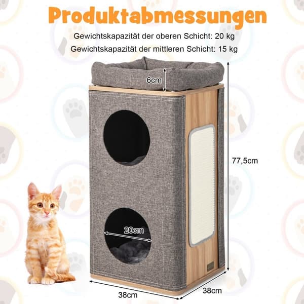 3-vånings kattgrotta med skrapbräda och 3 mattor lektunna för katter upp till 20 kg grå + natur