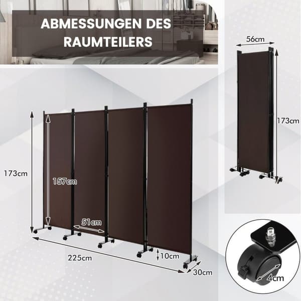 Romdeler med 4 paneler på hjul 173 cm høy rullebar personvernskjerm Brun