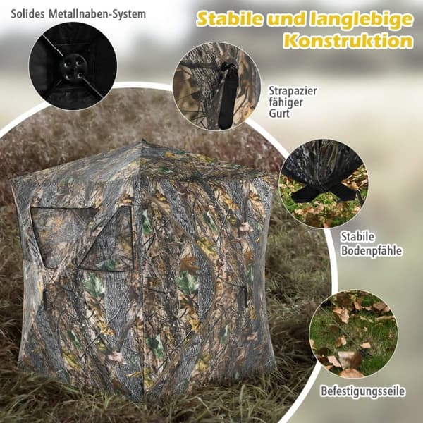 Kannettava metsästysteltta maapiikkeillä ja kiinnityshihnoilla ja kantolaukku 3 hengen naamiointiin