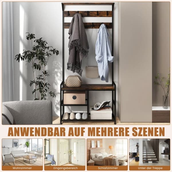 Knageholder med 9 kroge & skostativ 3 niveauer knagerække industrielt design brun