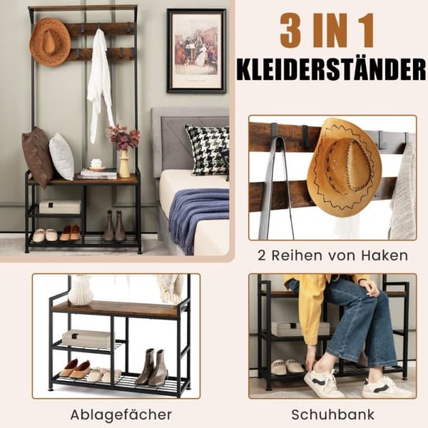 Knageholder med 9 kroge & skostativ 3 niveauer knagerække industrielt design brun