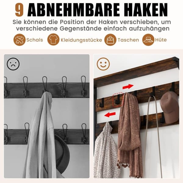Knageholder med 9 kroge & skostativ 3 niveauer knagerække industrielt design brun