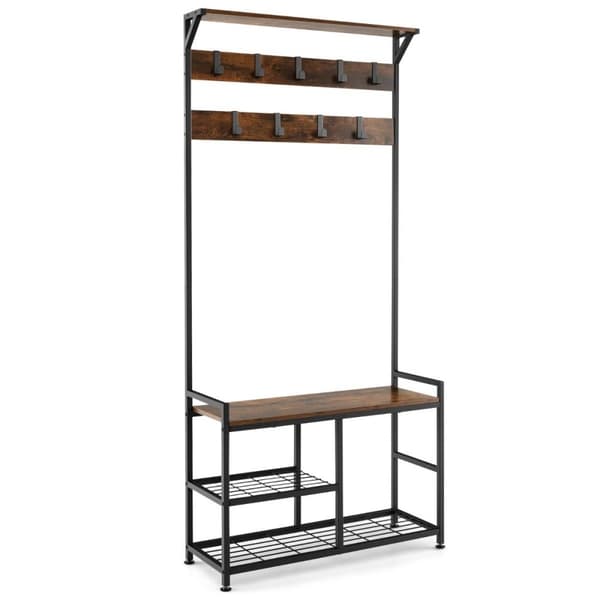 Knageholder med 9 kroge & skostativ 3 niveauer knagerække industrielt design brun