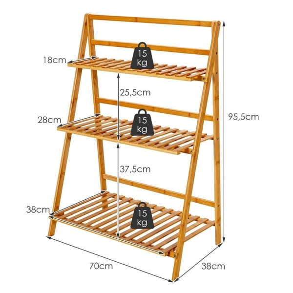 Kokoontaitettava bambusta valmistettu kasviteline 3-kerroksinen tikapuuhylly 70 x 38 x 95,5 cm luonnollinen