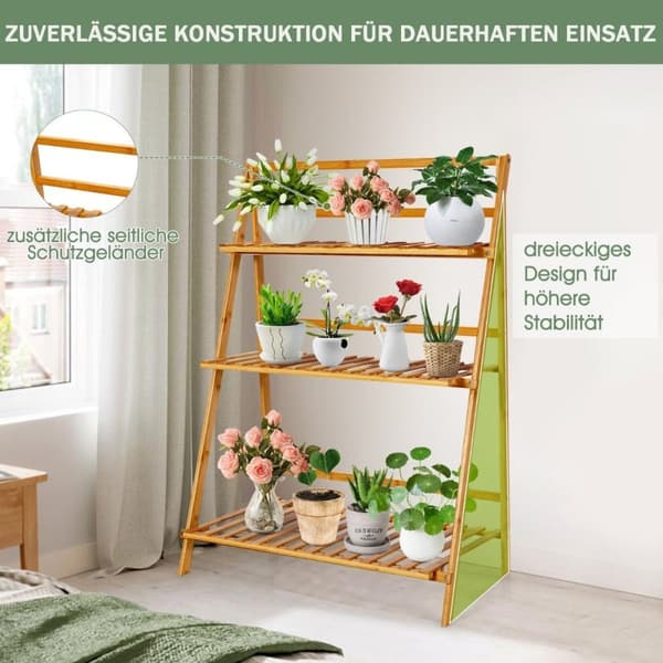 Kokoontaitettava bambusta valmistettu kasviteline 3-kerroksinen tikapuuhylly 70 x 38 x 95,5 cm luonnollinen