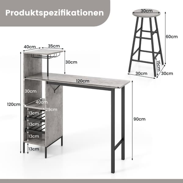 3-osainen baaripöytä ja tuolisarja Industrial Pub -pöytä ja -jakkara harmaa
