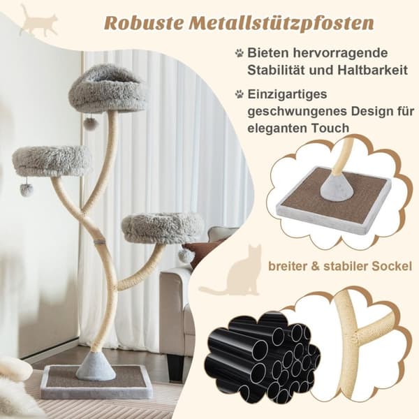 178 cm kattetræ med sisal kradsestolper & 3 varme liggeflader & plysbolde grå