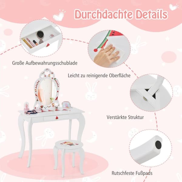 Princess Sminkbord Set 2-i-1 Sminkbord för barn med avtagbar spegel Vit