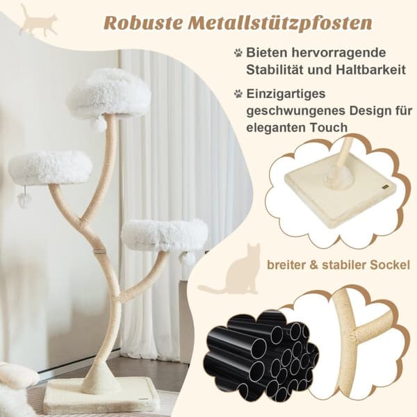 178 cm kattetræ med sisal kradsestolper & 3 varme liggeflader & plyskugler beige