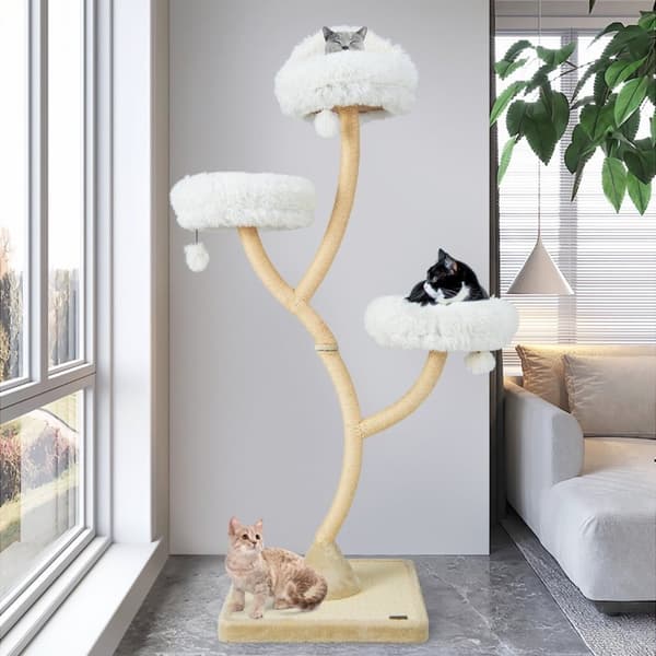 178 cm kattetræ med sisal kradsestolper & 3 varme liggeflader & plyskugler beige
