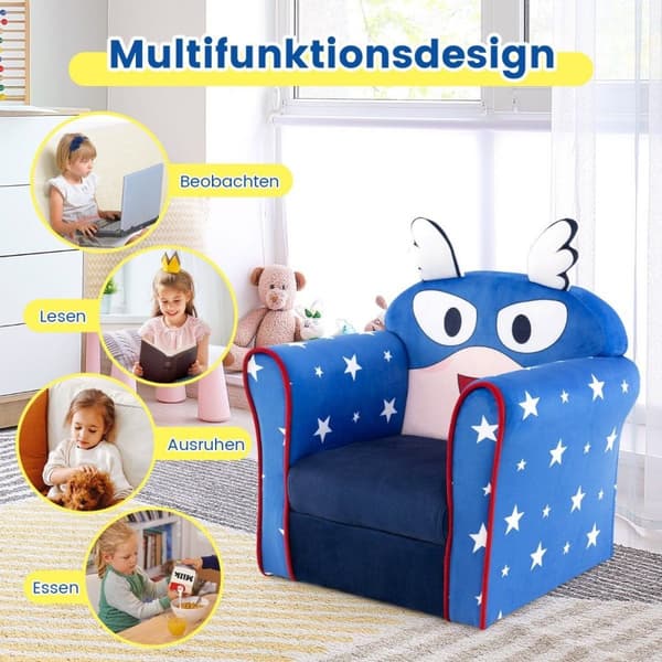 Barnesofa, småbarn, polstret armlenestol med solid treramme, 50 x 40 x 54 cm, blå