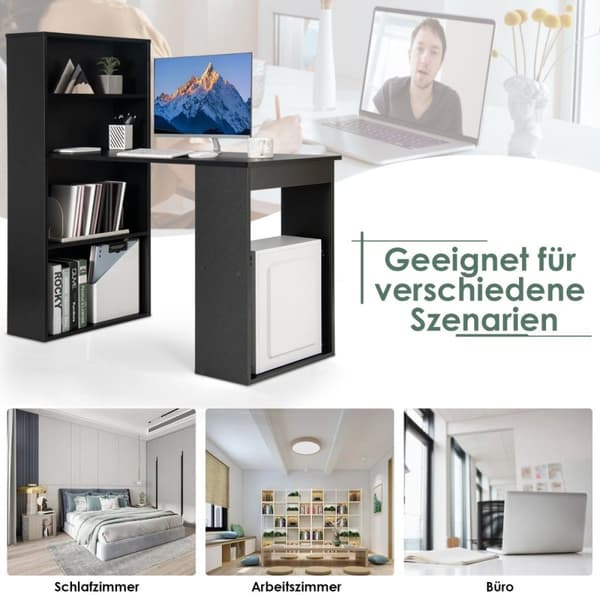 Skrivebord med bokhylle Databord med 6 hyller PC-bord med hylle Kontorbord svart