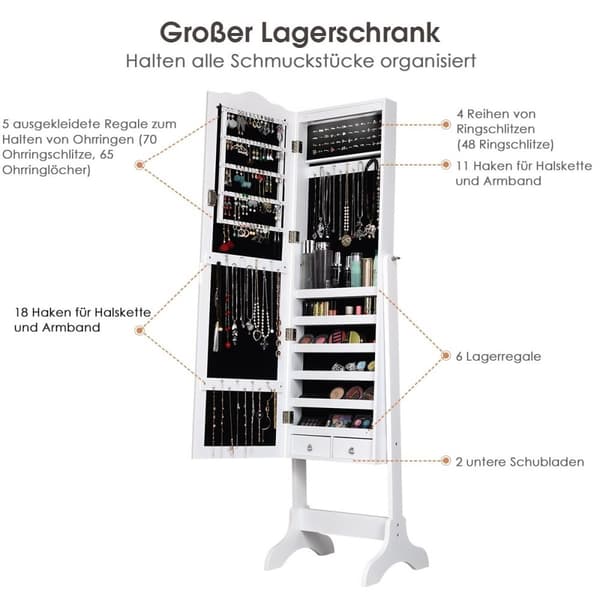 Smykkeskap smykkeopplegg med full lengde speildør 41,5 x 37 x 160 cm hvit