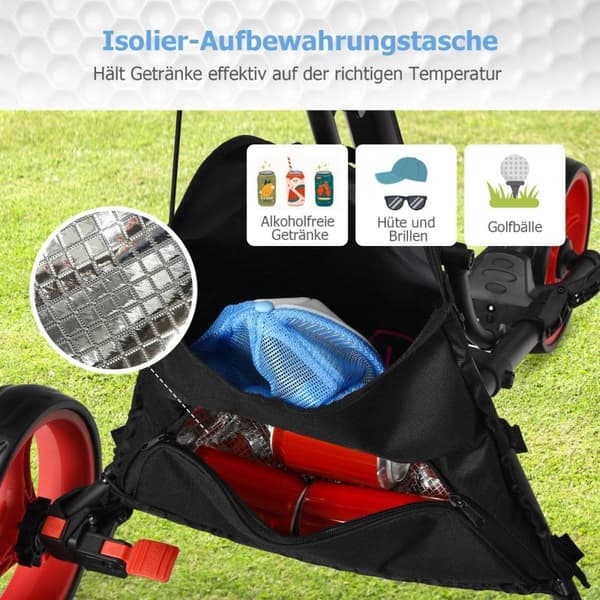 3 hjuls golfvogn laget av aluminium med paraplyholder & T-stykkeholder & oppbevaringsveske
