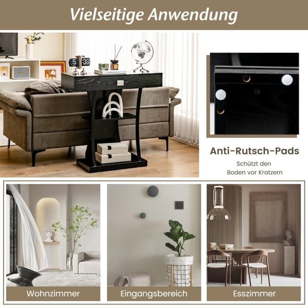Konsolbord med skuffer & metalstel & 2 hylder & hældningsbeskyttelse gangbord sort