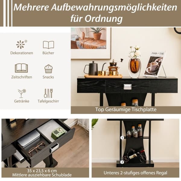 Konsolbord med skuffer & metalstel & 2 hylder & hældningsbeskyttelse gangbord sort