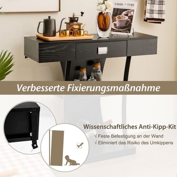 Konsolbord med skuffer & metalstel & 2 hylder & hældningsbeskyttelse gangbord sort