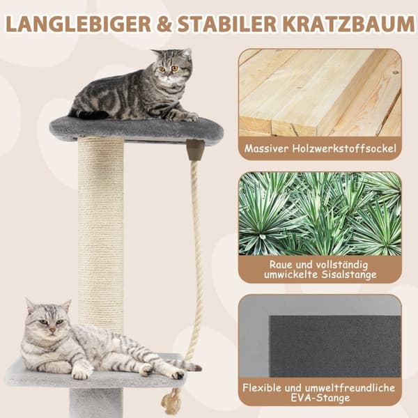 92 cm skrapstolpe med bambugrotta & skrapbräda & groomingborste & boll & plyschsits grå