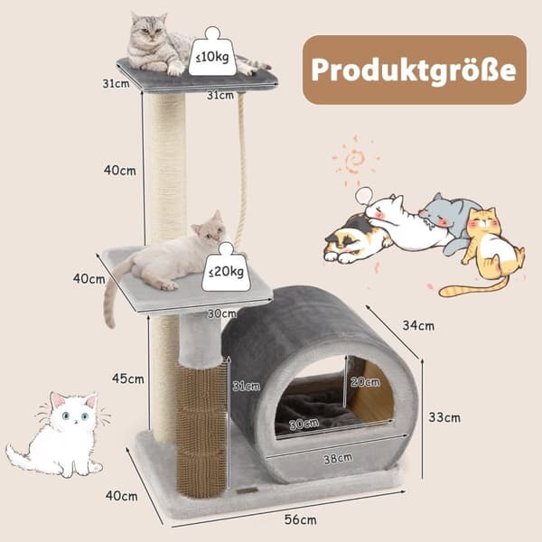 92 cm skrapstolpe med bambugrotta & skrapbräda & groomingborste & boll & plyschsits grå