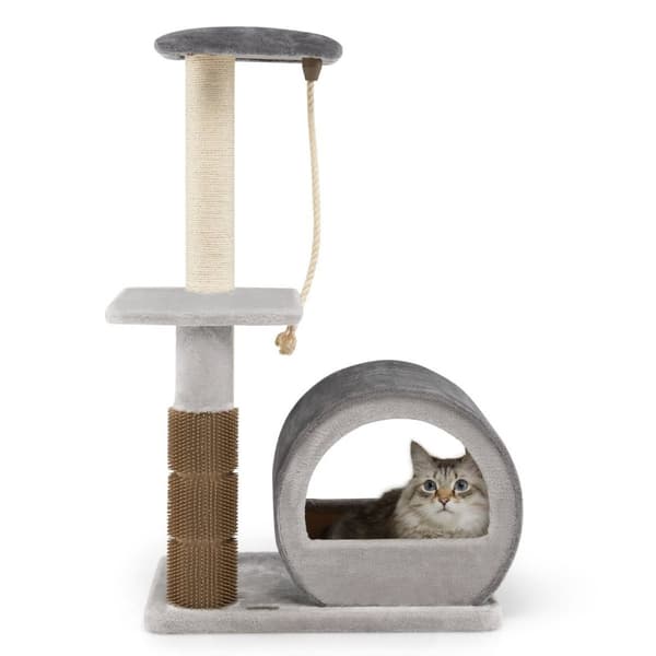 92 cm skrapstolpe med bambugrotta & skrapbräda & groomingborste & boll & plyschsits grå
