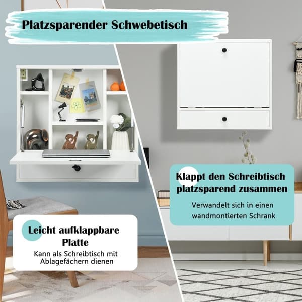 Vegg sammenleggbar bord med oppbevaringsrom og skuffe sammenleggbar bord for små rom hvit