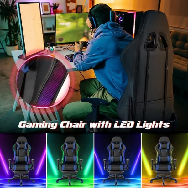Gamingstol med RGB LED-lys og udtrækkelig fodstøtte Ergonomisk kontorstol Blå