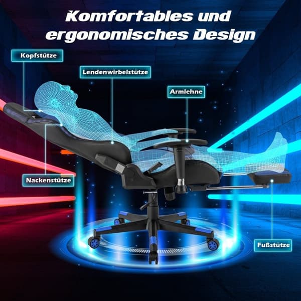 Gamingstol med RGB LED-lys og udtrækkelig fodstøtte Ergonomisk kontorstol Blå