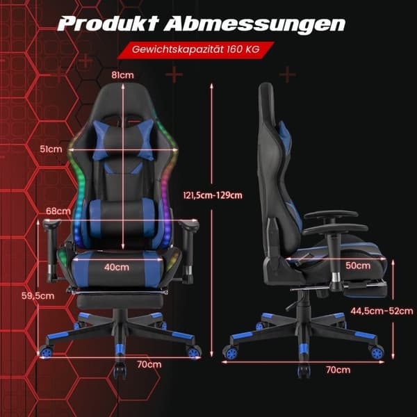 Gamingstol med RGB LED-lys og udtrækkelig fodstøtte Ergonomisk kontorstol Blå
