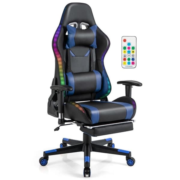 Pelituoli RGB LED-valoilla ja sisäänvedettävällä jalkatuella Ergonominen toimistotuoli Sininen