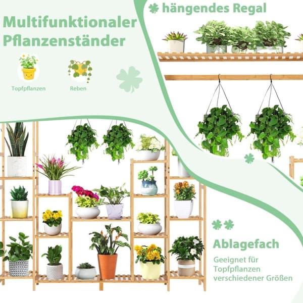 Bambus plantehylde med 9 niveauer & hængende ramme, ståhylde, rumdeler, blomsterhylde, 167 x 30 x 166 cm