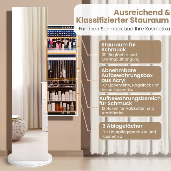 360° roterande smyckesskåp med spegel & LED-ljus Fristående spegelskåp
