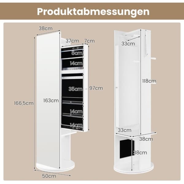 360° roterande smyckesskåp med spegel & LED-ljus Fristående spegelskåp