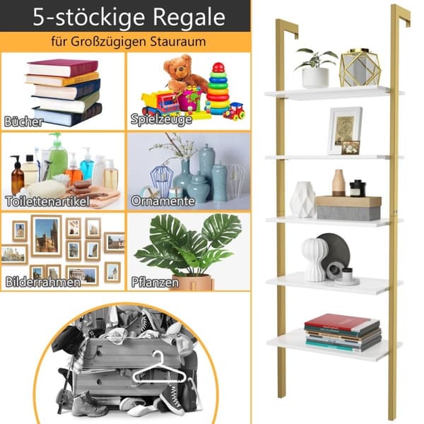 Stigehylde med 5 niveauer & metalramme Ståhylde Bogreol 61 x 30 x 183 cm Gylden