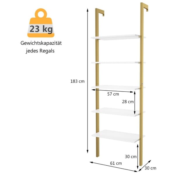 Stigehylde med 5 niveauer & metalramme Ståhylde Bogreol 61 x 30 x 183 cm Gylden