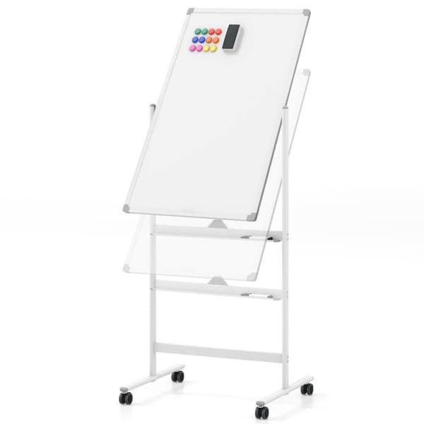 Dobbeltsidet mobil tavle med pennebakke & tilbehør til skolekontor 60 x 90 cm hvid