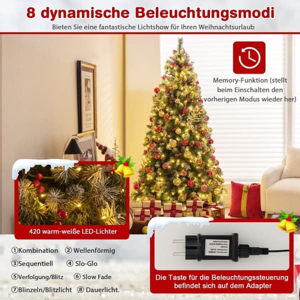 195 cm kunstig juletre med lys & snø & kongler & røde bær
