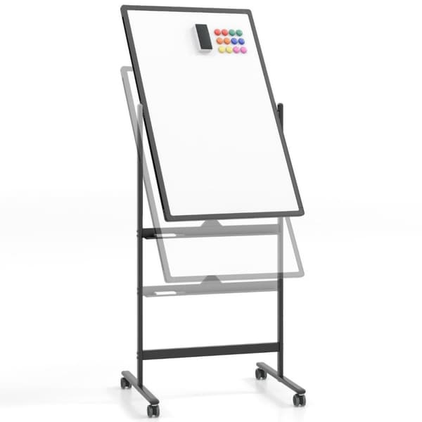 Dobbeltsidet mobil whiteboard med pennebakke & tilbehør til skolekontor 60 x 90 cm sort