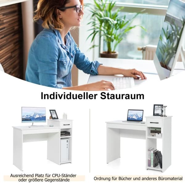 Skrivebord med skuffe & åbne hylder Computerbord i træ 102 x 50 x 82 cm Hvid