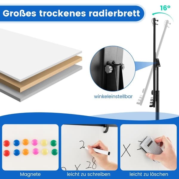 Flipover-stativ på hjul med magneter og markører, whiteboard, høydejusterbar opptil 192 cm