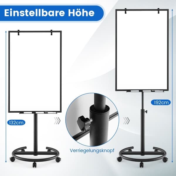 Flipover-stativ på hjul med magneter og markører, whiteboard, høydejusterbar opptil 192 cm