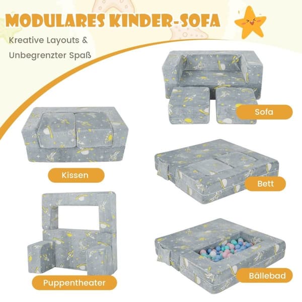 4 in 1 lasten nojatuoli 2 ottomaanilla ja irrotettava päällinen hohtaa pimeässä 107 x 52 x 41,5 cm