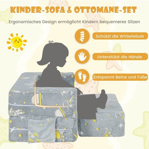 4 in 1 lasten nojatuoli 2 ottomaanilla ja irrotettava päällinen hohtaa pimeässä 107 x 52 x 41,5 cm